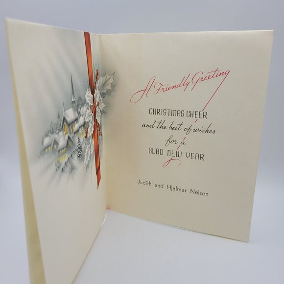 Vintage Yuletide Greetings Christmas Card With Winter Scene & Red Bow - Picture 2 of 7